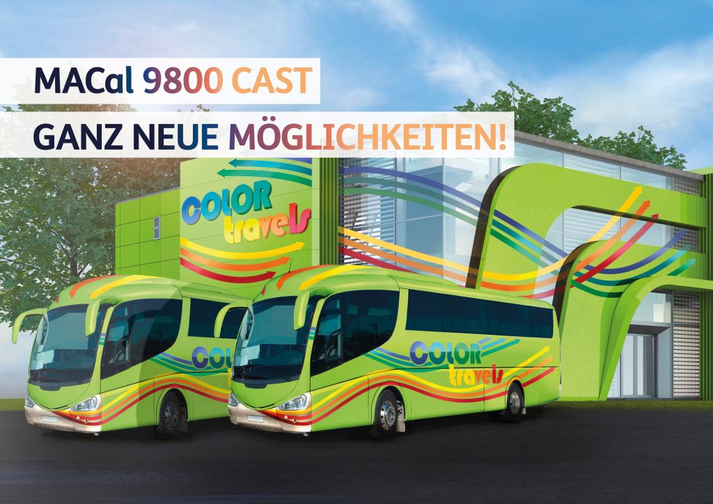 Anwendungsmöglichkeiten der MACal 9800 CAST z.B. als farbenfrohe Dekoration von Gebäuden, für die Fahrzeugbeschriftung und zur Fensterdekoration