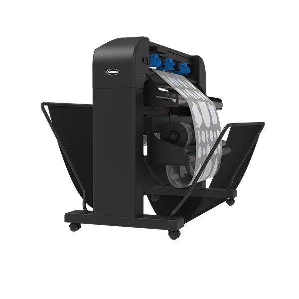 Rollenschneideplotter S3 TC75 DTF von Summa in der Seitenansicht mit Sicht auf die Rollenzuführung und Rollenaufwicklung