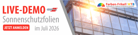 Anmeldebild zur Live-Demo über Sonnenschutzfolie im Juli 2026 bei Farben-Frikell | WTB zusammen mit Orafol. Spiegelnde Glasscheibe mit direkter Sonneneinstrahlung auf der rechten Seite.
