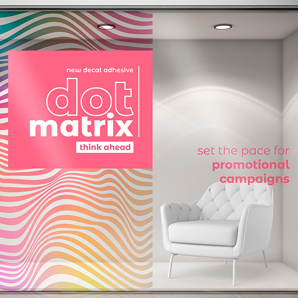 Decal Vinyl R dot matrix PE 100 als
wiederablösbare Schaufensterfolie für Innenwerbung. Rechts weißer Sessel, links ein Raumteiler foliert mit "dot matrix"